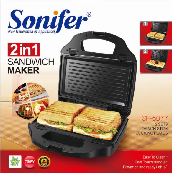 Sonifer SF-6077 Пластина из нержавеющей стали 2 в 1 Мини-вафельница для сэндвичей. to14