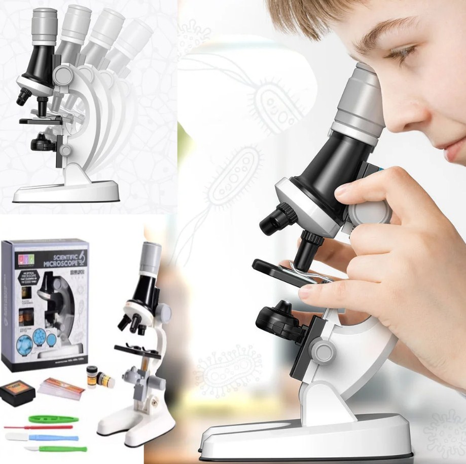 Детский Микроскоп с 3 объективами 1200х 400х 100х с приборами Scientific Microscope 1013A белый dm7